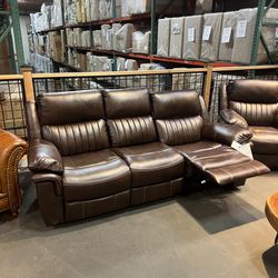 Brown Plush Reclining Sofa w Drop Down Console - Hampton 