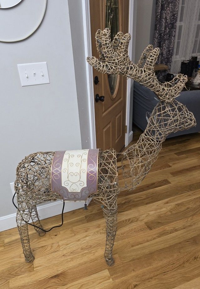 Vintage 54" Rattan Animatronic Reindeer with Metal Saddel Blanket & Lights