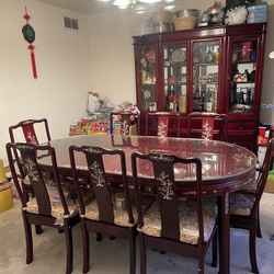 Chinese Redwood Dinning Table, Chair, And Cabinet Set 