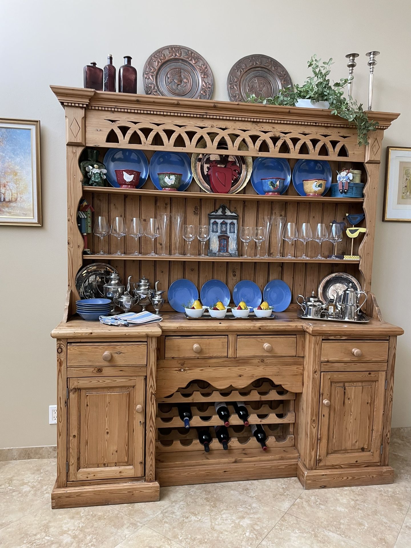 Hutch/sideboard Italian farm style from Pine and Design. Reclaimed wood with wine rack, 4 drawers and 2 doors. Measurements: 7 feet tall, 74 inches