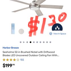 Harbor Breeze Seaholme 52-in Brushed Nickel with Driftwood Blades LED Uncovered Outdoor Ceiling Fan With..