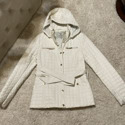 Guess women’s jacket coat White gold small tufted hood belt like new maybe wore 1 time fake leather