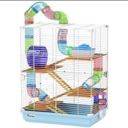5 Tiers Hamster Cage Portable Animal Travel Carrier w/ Exercise Wheels Tube, Light Blue
