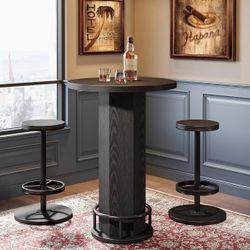 Round Ba r Tabl e with Cha irs, Industrial Bistro Sets with 2 barsto ols