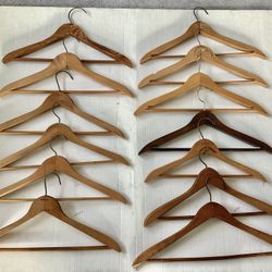 13 Hardwood Suit Clothing Hangers Vtg. 1950s Trouser Bars Metal Hooks