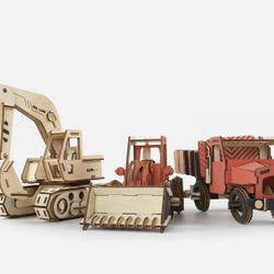 3D Wooden Puzzles Construction Vehicle Excavator Dump Truck Wheel Loader 3 Pack