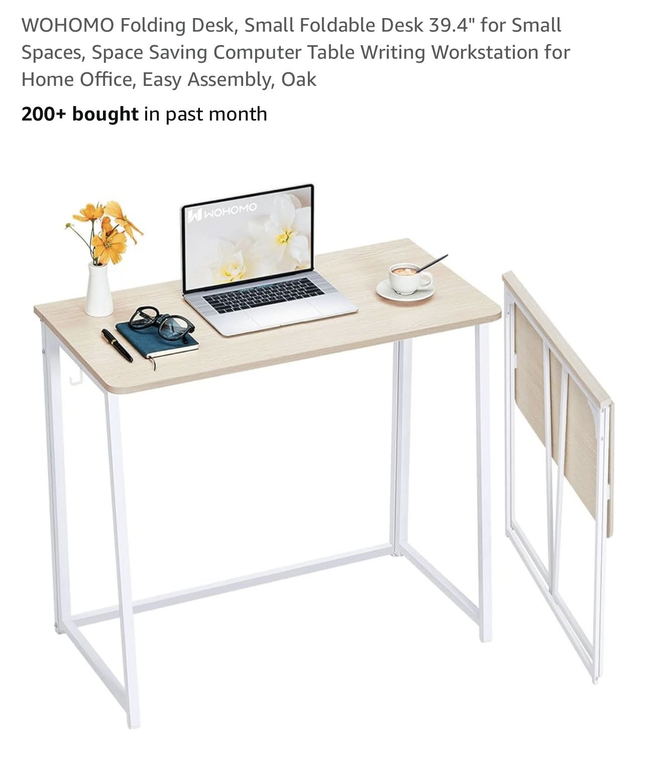 WOHOMO Folding Desk, Small Foldable Desk 39.4" for Small Spaces, Space Saving Computer Table Writing Workstation for Home Office, Easy Assembly, Oak