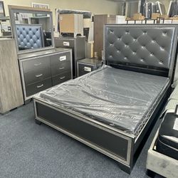 4 Pc Queen Bedroom Set ( Bed Frame, Dresser, Mirror And One Nightstand)