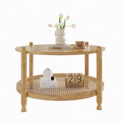 Round Wood Coffee Table with Rattan Shelf