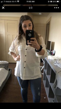 Textured white button down tunic top Brand new unopened. Size large. (Medium in picture) original $55