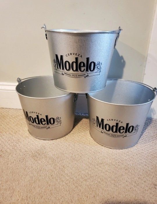 BOX of 3 METAL BEER BUCKETS with BOTTLE OPENER HANDLE