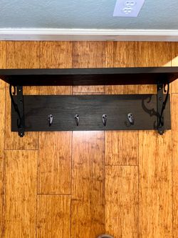 Wall-Mounted Wood Shelf with Hooks