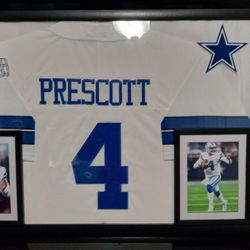 DAK PRESCOTT, OF THE DALLAS COWBOYS CUSTOM STITCHED FRAMED JERSEY.