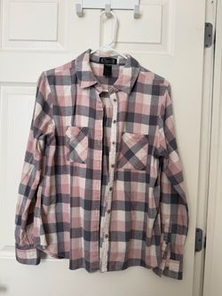 Pink Gray Plaid Flannel Button-Up Shirt