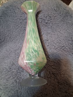 Art Glass Footed Vase Green Pink Swirl