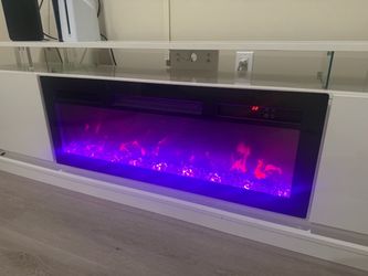 2 Tier High 70" Gloss TV Stand with Electric Fireplace Included, White/Black