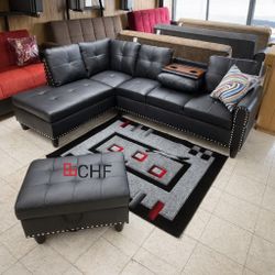 Black Faux Leather Sectional Sofa With Storage Ottoman 