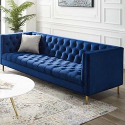 Delight Tufted Button Performance Navy Velvet Sofa