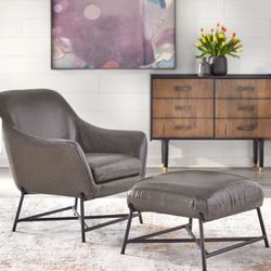 New Grey Mid Century Modern Accent Chair & Ottoman set 