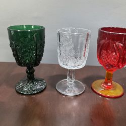 THREE COLORED VINTAGE GLASSES
