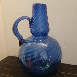 Vintage Avalos Mexican Cobalt Blue Hand Blown Glass Vase Applied Handle 9"