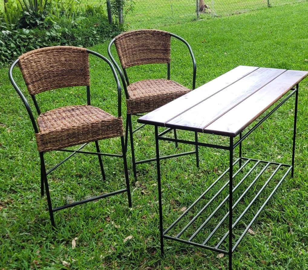 Pottery Barn Wrought Iron & Pine Side Table VINTAGE PAIR OF WROUGHT IRON  RATTON HIGH BACK CHAIRS