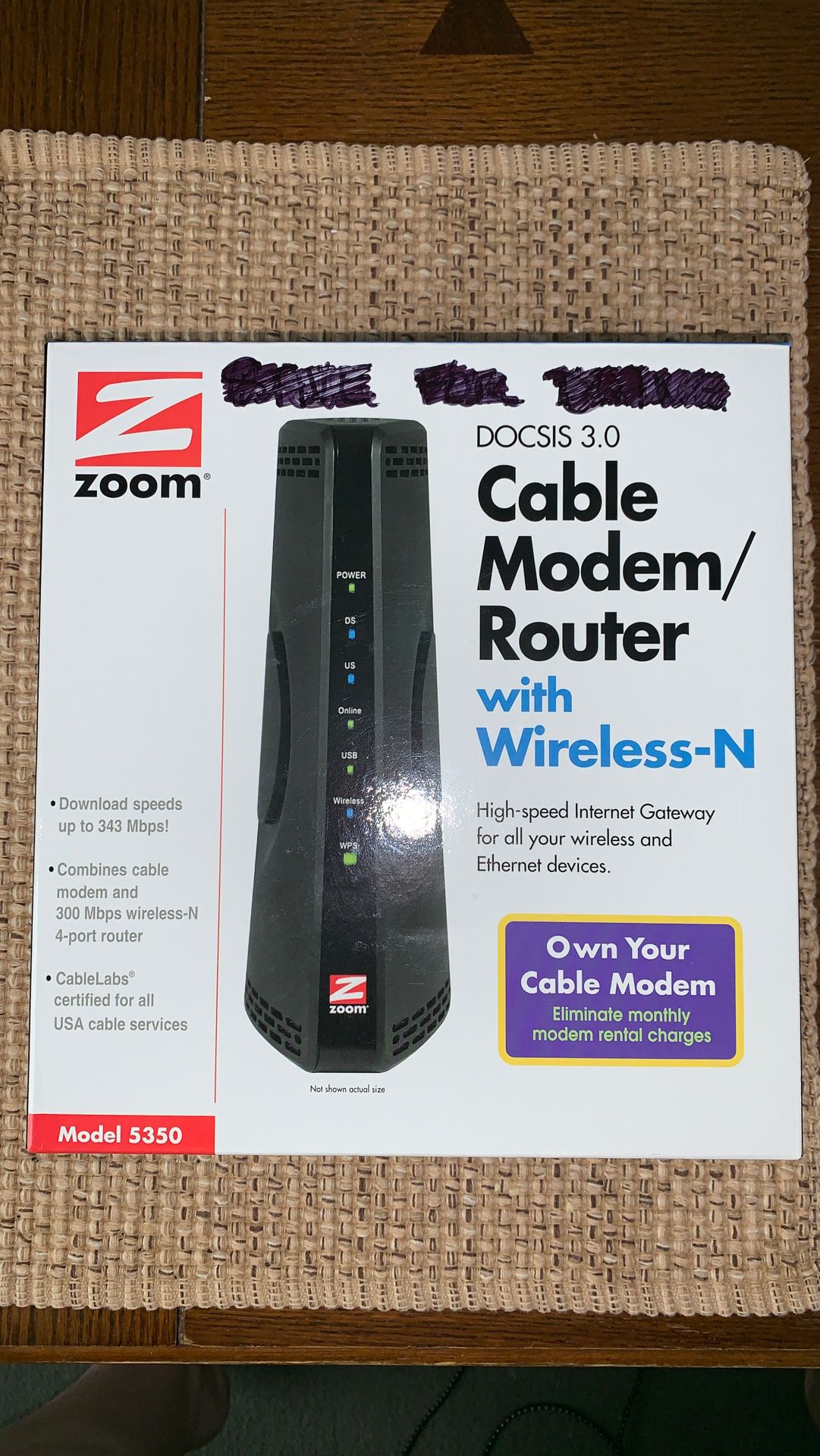 Zoom DOCSIS 3.0 Wireless N Cable Modem Router Model 5350 Like New