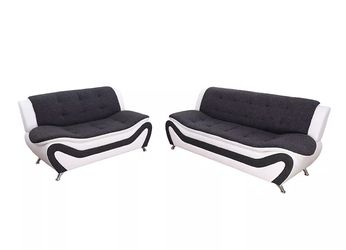 Brand New Charcoal Grey Linen White Leather Modern Style Sofa & Loveseat