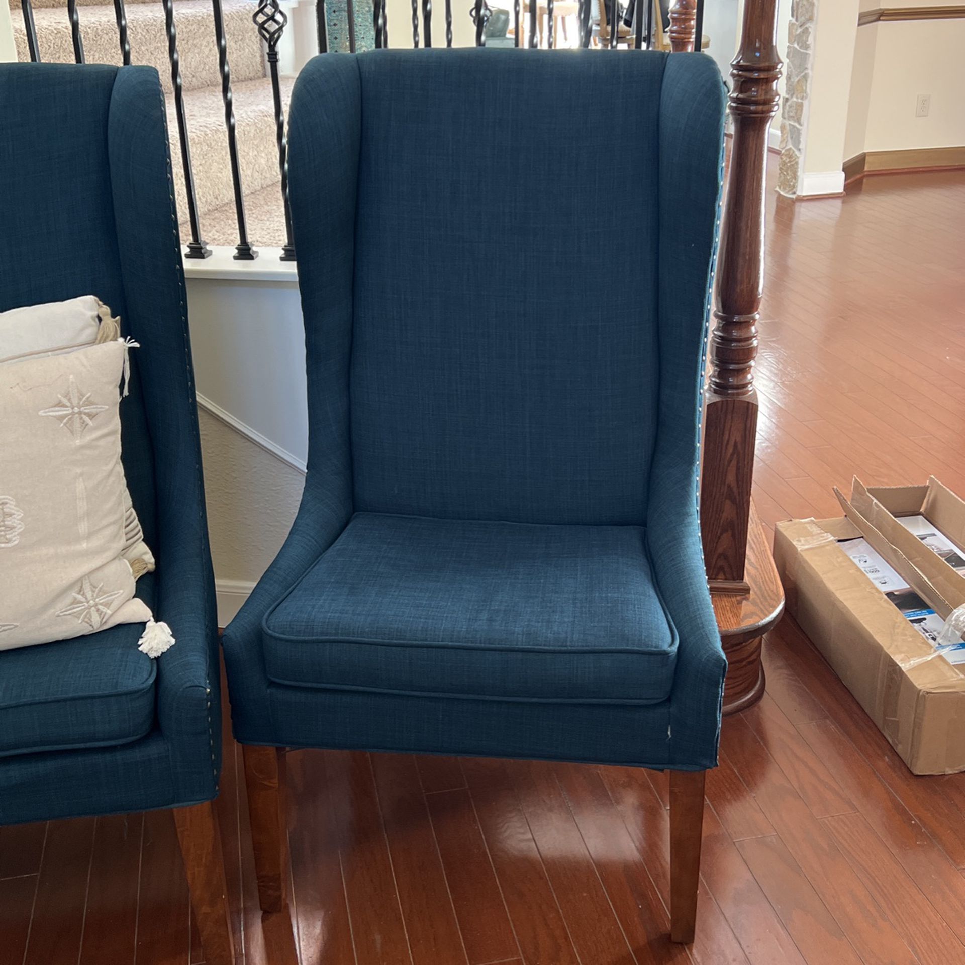 Navy Blue Wingback Captains Chairs With Brass Buttons