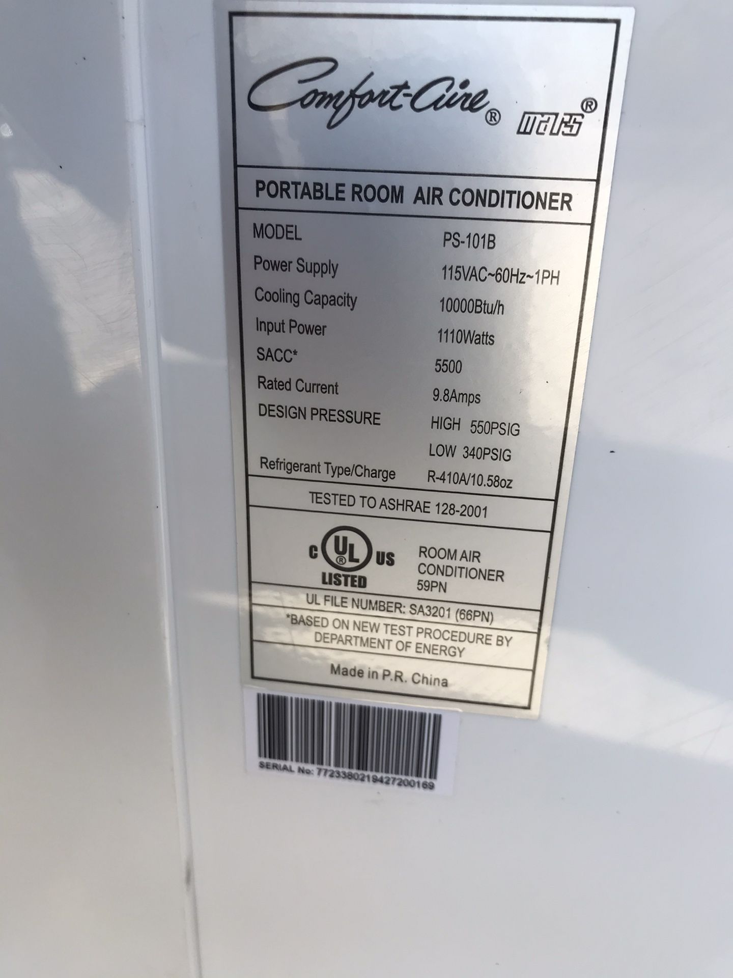 ComfortAire PS81B Portable Air Conditioner, 8000 Btu/hr, 115 V for