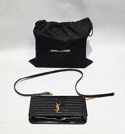SAINT LAURENT Cassandre Phone Holder in Shiny Crocodile
