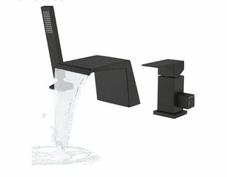 5998: New Black Roman Tub Faucet with Sprayer, Deck Mount Roman Bathtub Faucet Set with Hand Shower for 3 Holes Single Handle Waterfall Tub Filler, Ma