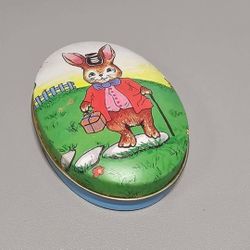 Small Vintage Easter Egg Shaped Metal Tin Bunny Rabbit 3"x 2 1/4"