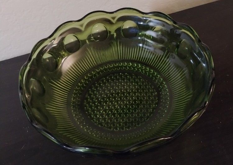 Vtg Scalloped Bartlett Collins Green Pressed Glass Serving Bowl