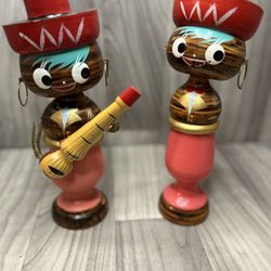 Vintage Wooden Folk Art Mexican Man & Woman Hand Made Hand Painted 