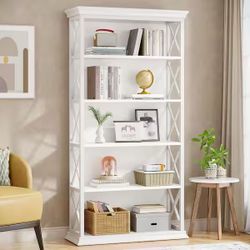 Frailey 70.9 in. Tall White Wood 5-Shelf Etagere Bookcase with Metal Frame, 5-Tier Indsutrial Bookshelf for Home Office