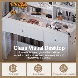 Vanity Desk with Mirror and 3 Lighting Modes, Makeup Vanity with Glass Top and Storage Shelves, Dressing Table with 2 Drawers and Cabinet, White