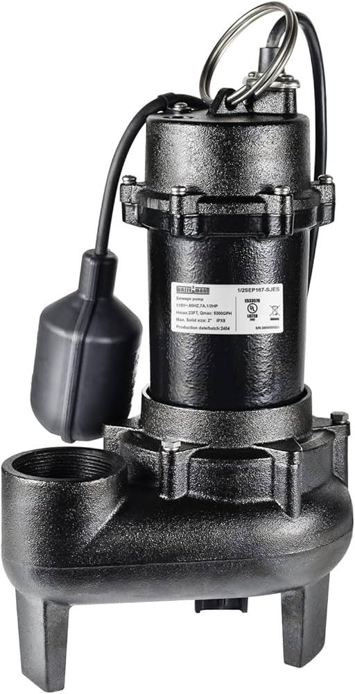 WASSERMANN 1/2 HP Sewage Pump with Auto Float Switch, 115V 5300 GPH Cast Iron Submersible Sewage Pump, Sump Pump for Basement Sump Basin Sewage Well