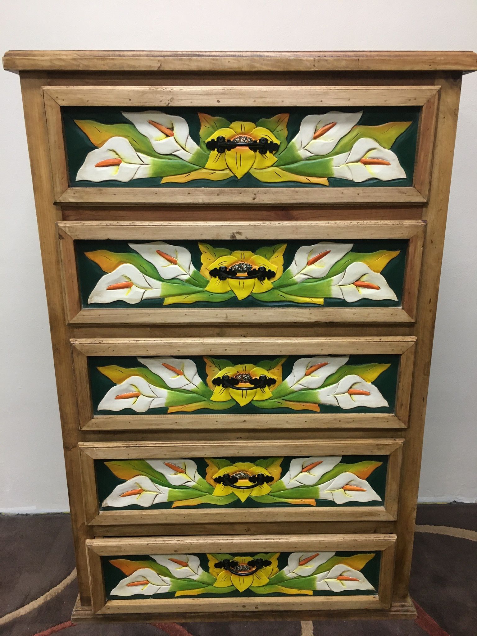 New Artisan vestidor hand carved hand painted Mexico Chester dresser Sunflower calla Lilly