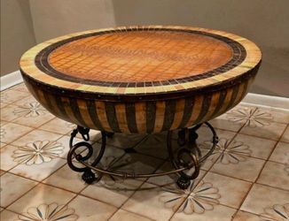 1990s Kreiss Nairobi Drum Style Center Table.  Wood,  Leather Top With Iron Wreath Legs