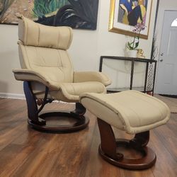 Genuine Leather Swivel Reclining Chair With Matching Ottoman 