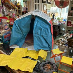 1972 BARBIE CAMP OUT TENT.  Includes 2 sleeping bags, 2 chairs, camp fire and bucket.  16.00.  Johanna at Antiques and More. Located at 316b Main Stre