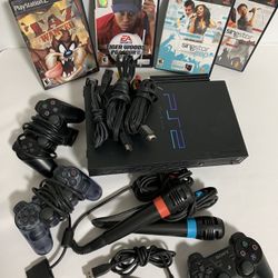 Sony Playstation 2Ps2 Console Bundle With Four Games And Extra Controllers And Mics