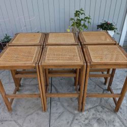 Vintage Mid Century Modern MCM Boho Oak Rattan Cane Bar Stools Set of 6