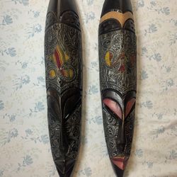 Set of 2 Ghana Hand‑Carved Wooden Wall Masks — Silver Accents — Decorative Art  