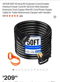 VEVOR 50Ft 50 Amp RV Extension Cord Durable Premium Power Cord RV 26.5mm Wire Diameter Extension Cord Copper Wire RV Cord Power Supply Cable for Trail