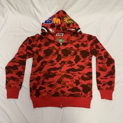 Bape Hoodie Red Camp Shark Zip Up Size large