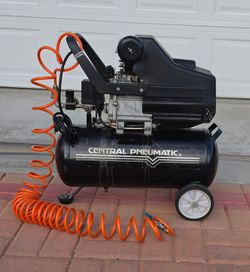 8 gallon air compressor and 25' coiled hose.