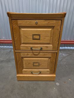 Sturdy Oak Two-Drawer Filing Cabinet with Brass Hardware