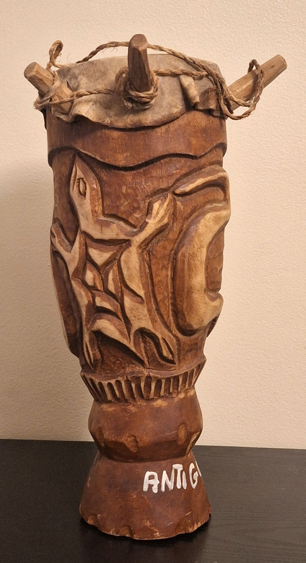 HAND-CARVED AFRICAN-STYLE DRUM - 15"